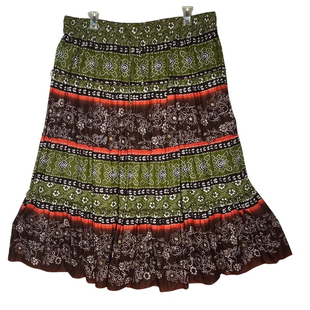 2x Ethnic 1980's Maxi Floral Green Tiered Ruffle Skirt Boho Hippie Retro Gypsy